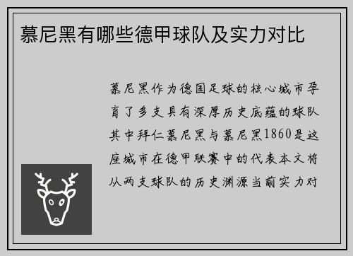 慕尼黑有哪些德甲球队及实力对比
