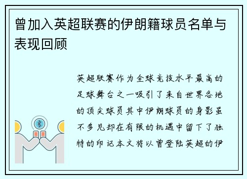 曾加入英超联赛的伊朗籍球员名单与表现回顾